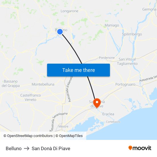 Belluno to San Donà Di Piave map