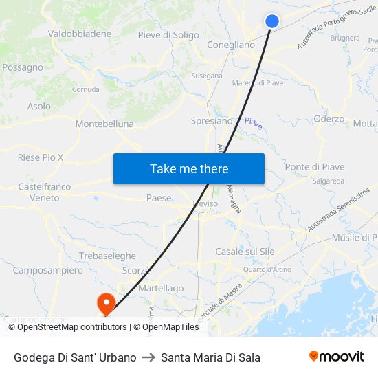 Godega Di Sant' Urbano to Santa Maria Di Sala map
