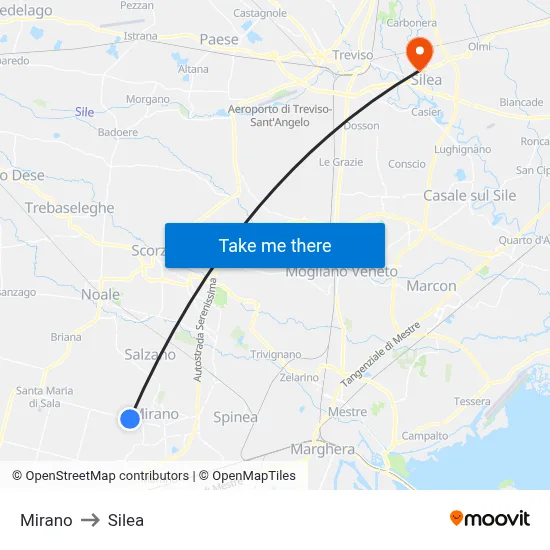 Mirano to Silea map