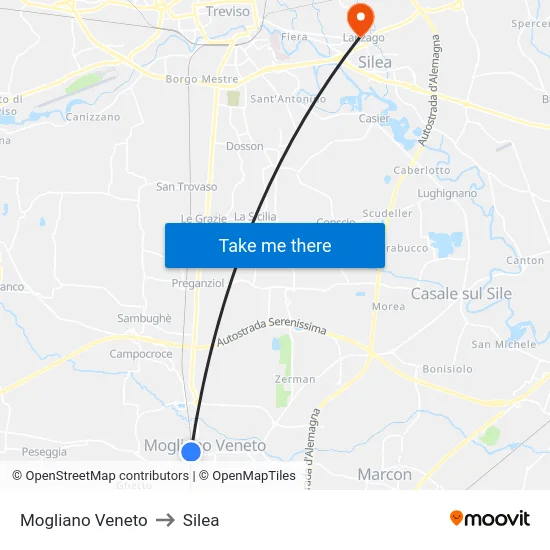Mogliano Veneto to Silea map