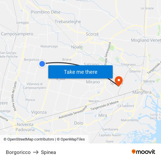 Borgoricco to Spinea map