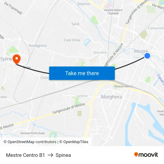 Mestre Centro B1 to Spinea map