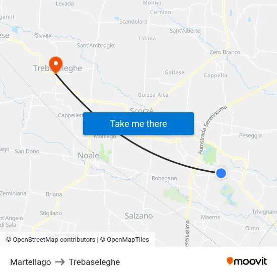 Martellago to Trebaseleghe map