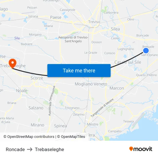 Roncade to Trebaseleghe map