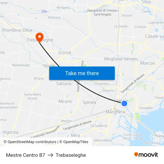 Mestre Centro B7 to Trebaseleghe map
