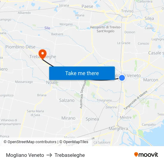 Mogliano Veneto to Trebaseleghe map