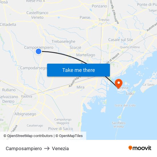 Camposampiero to Venezia map
