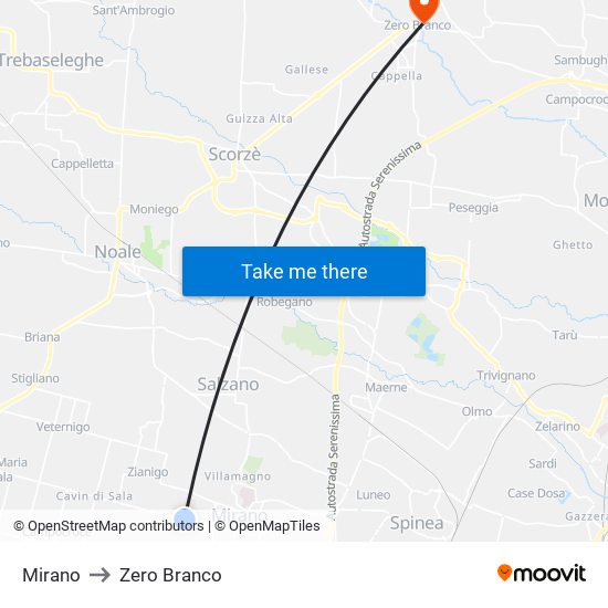 Mirano to Zero Branco map