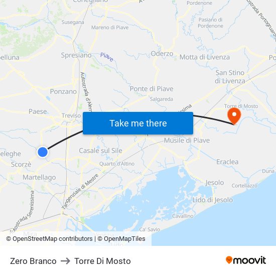 Zero Branco to Torre Di Mosto map