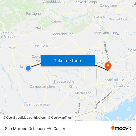 San Martino Di Lupari to Casier map