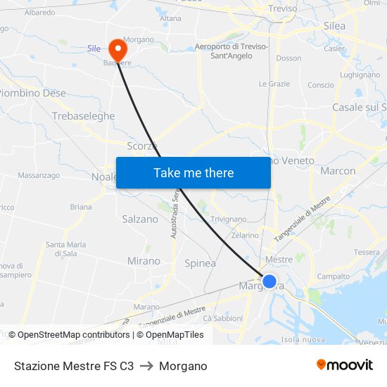 Stazione Mestre FS C3 to Morgano map