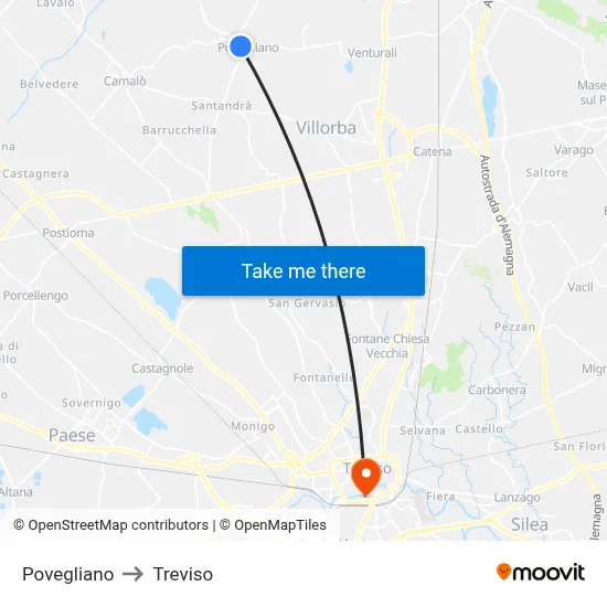 Povegliano to Treviso map