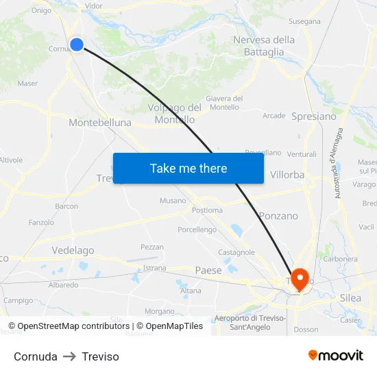 Cornuda to Treviso map