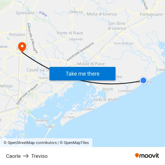Caorle to Treviso map