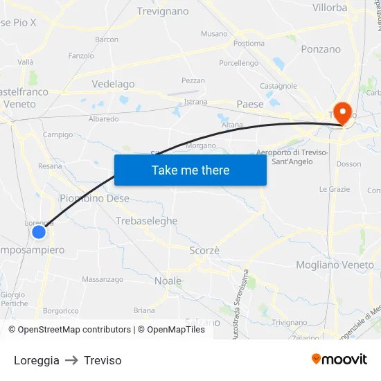 Loreggia to Treviso map