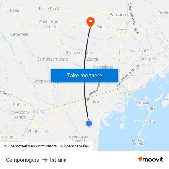 Camponogara to Istrana map