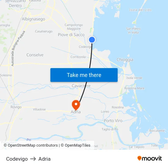Codevigo to Adria map