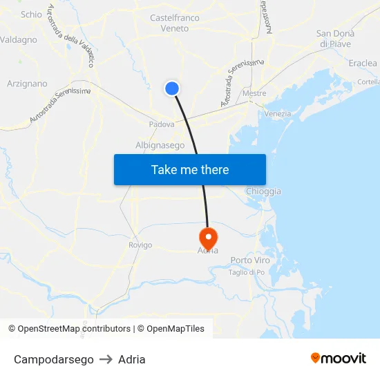 Campodarsego to Adria map