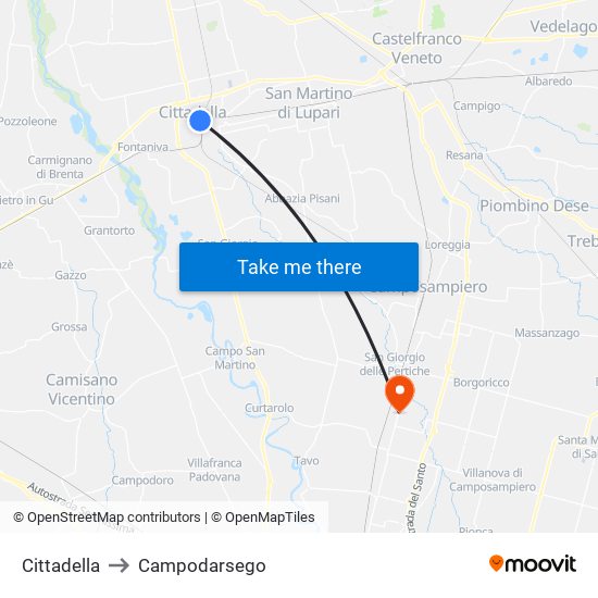 Cittadella to Campodarsego map