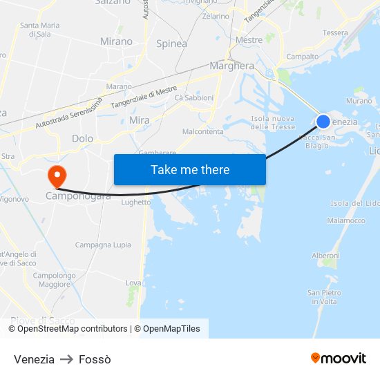 Venezia to Fossò map
