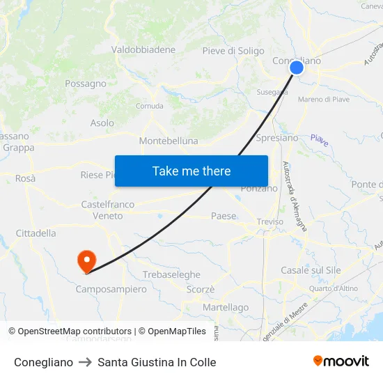 Conegliano to Santa Giustina In Colle map