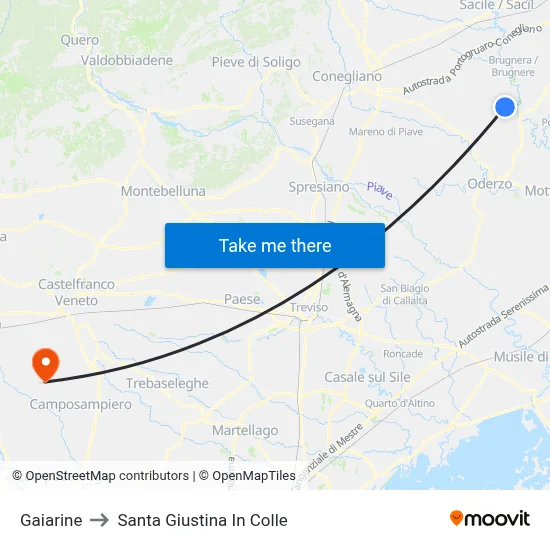 Gaiarine to Santa Giustina In Colle map