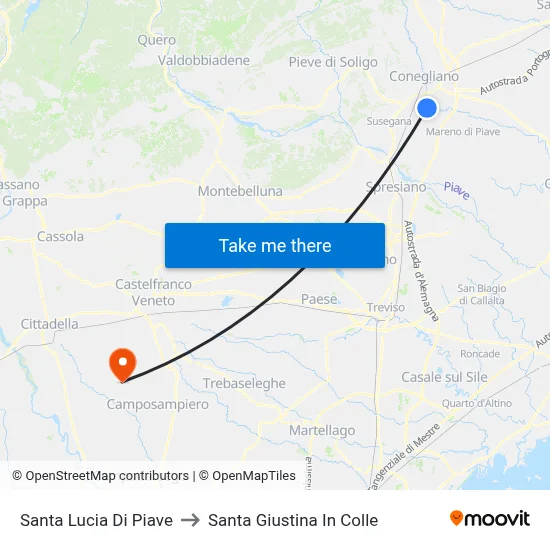 Santa Lucia di Piave to Santa Giustina In Colle map