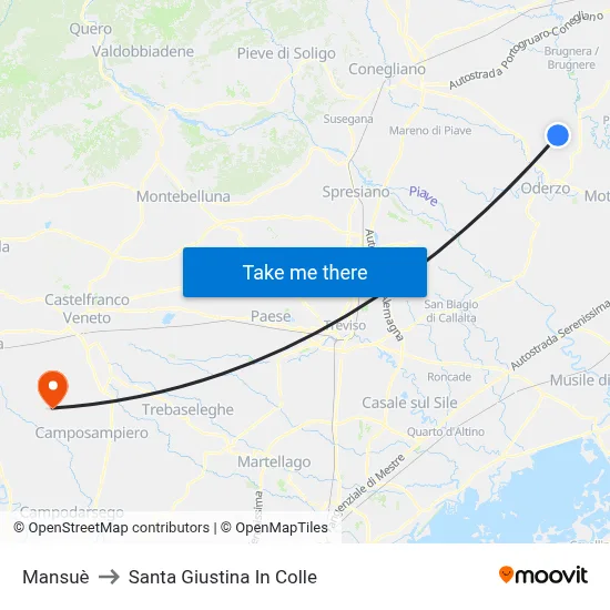 Mansuè to Santa Giustina In Colle map