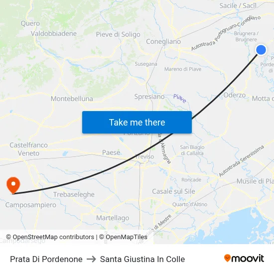 Prata di Pordenone to Santa Giustina In Colle map
