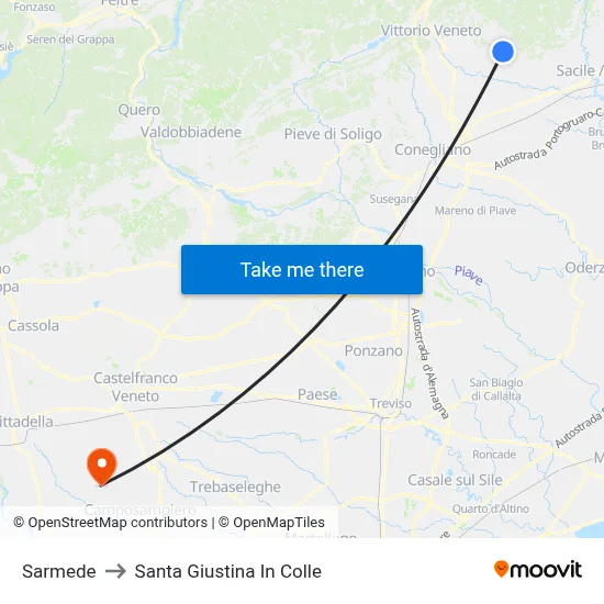 Sarmede to Santa Giustina In Colle map