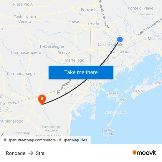 Roncade to Stra map