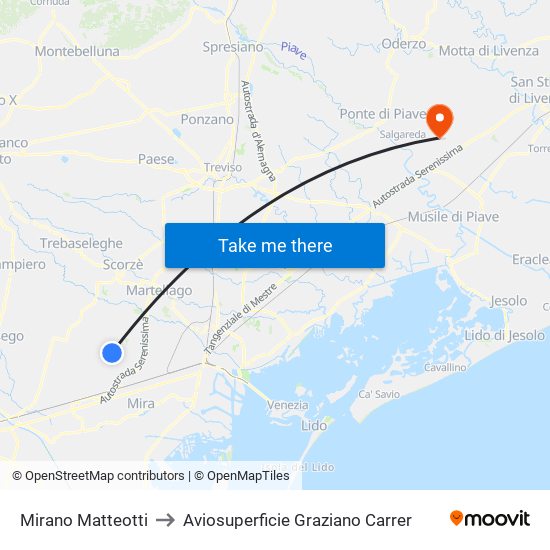 Mirano Matteotti to Aviosuperficie Graziano Carrer map
