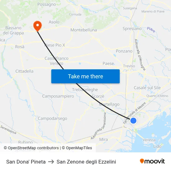 San Dona' Pineta to San Zenone degli Ezzelini map