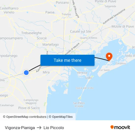 Vigonza-Pianiga to Lio Piccolo map