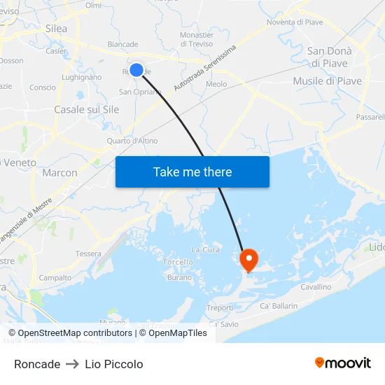Roncade to Lio Piccolo map