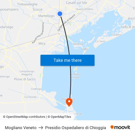 Mogliano Veneto to Presidio Ospedaliero di Chioggia map