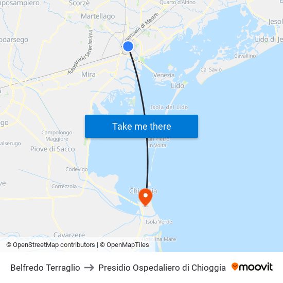 Belfredo Terraglio to Presidio Ospedaliero di Chioggia map
