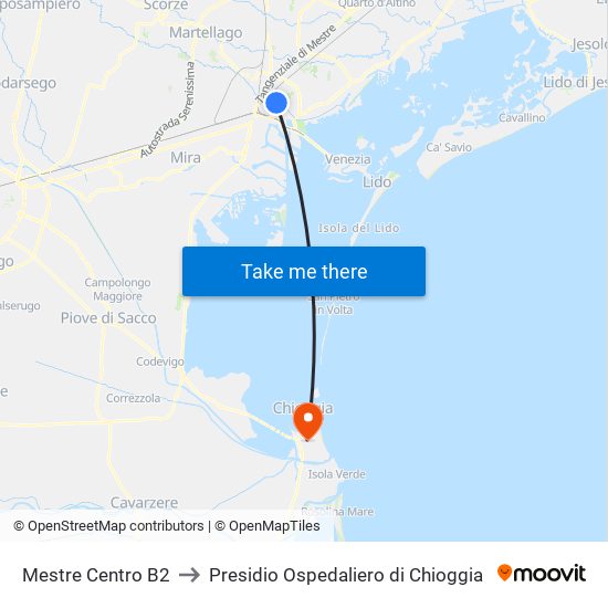 Mestre Centro B2 to Presidio Ospedaliero di Chioggia map