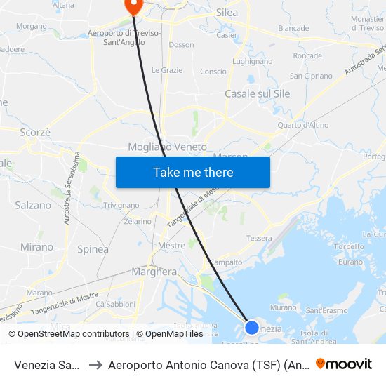 Venezia Santa Lucia to Aeroporto Antonio Canova (TSF) (Antonio Canova Airport) map