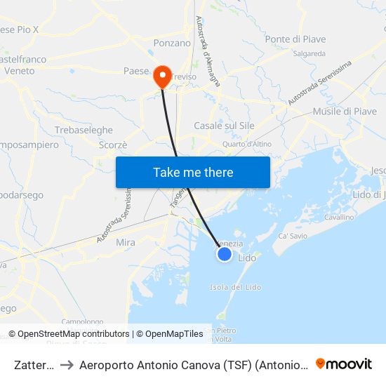 Zattere Sx to Aeroporto Antonio Canova (TSF) (Antonio Canova Airport) map