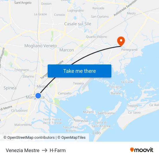 Venezia Mestre to H-Farm map