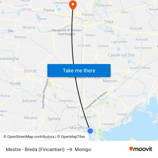 Mestre - Breda (Fincantieri) to Monigo map