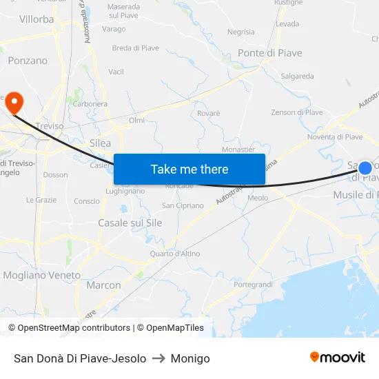 San Donà Di Piave-Jesolo to Monigo map