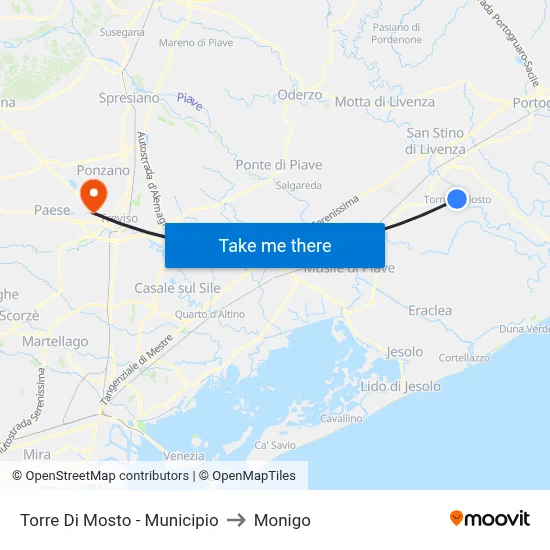 Torre Di Mosto - Town Hall to Monigo map
