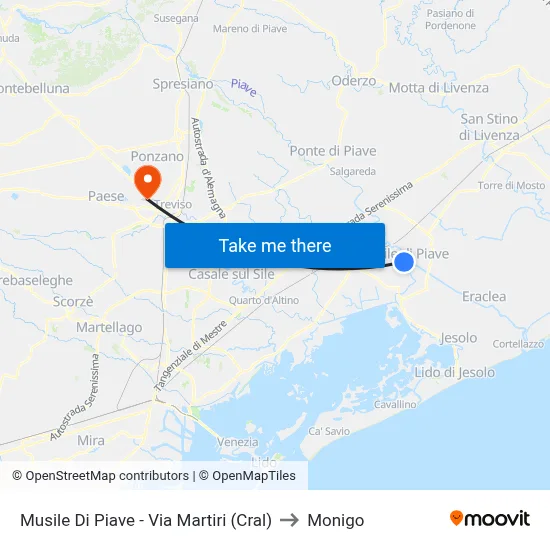 Musile Di Piave - Via Martiri (Cral) to Monigo map