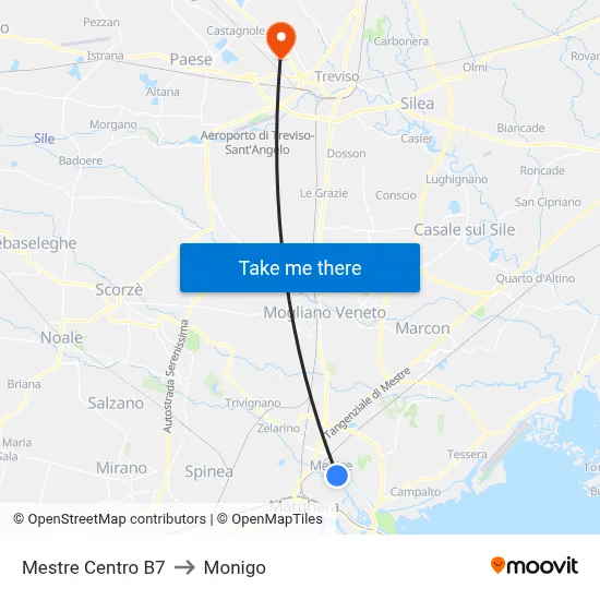 Mestre Center B7 to Monigo map