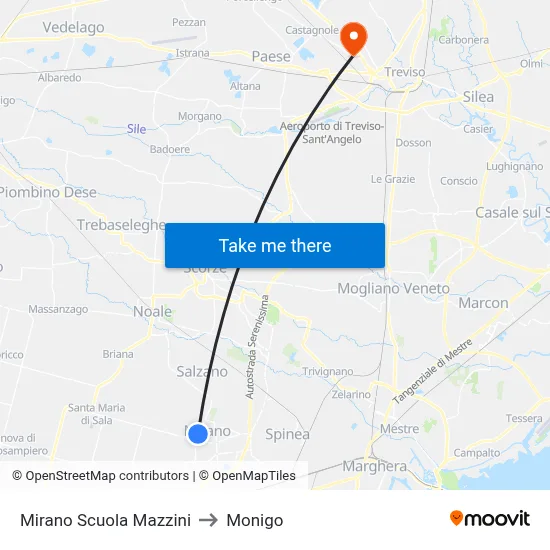 Mirano Mazzini School to Monigo map