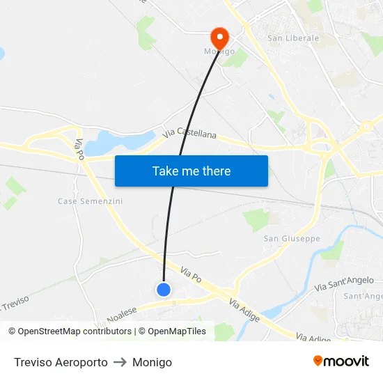 Treviso Airport to Monigo map