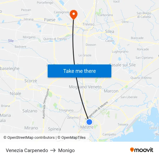 Venice Carpenedo to Monigo map