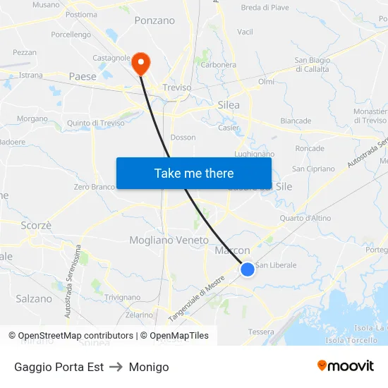 Gaggio East Gate to Monigo map